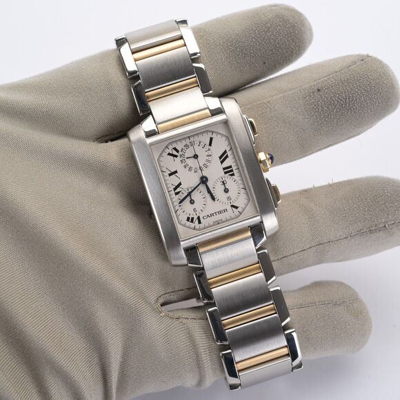 Cartier Tank Francaise Chronoflex 2303 White 18k Gold & Steel Watch - Serviced - Picture 7 of 8